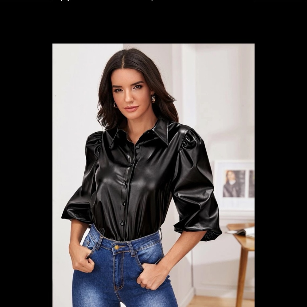 Puff sleeved curved vegan leather shirt